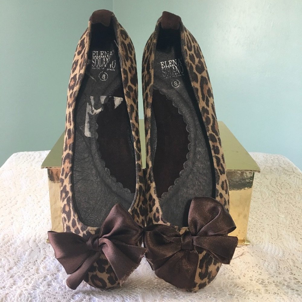 Elena Solano Classic Leopard Print Espadrilles Flats Ballerina Satin Bows Sz 8